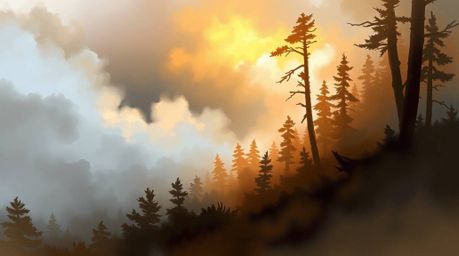 Experience a dynamic digital sketch featuring loose painterly strokes and a mist rising from a golden hour forest. This artwo