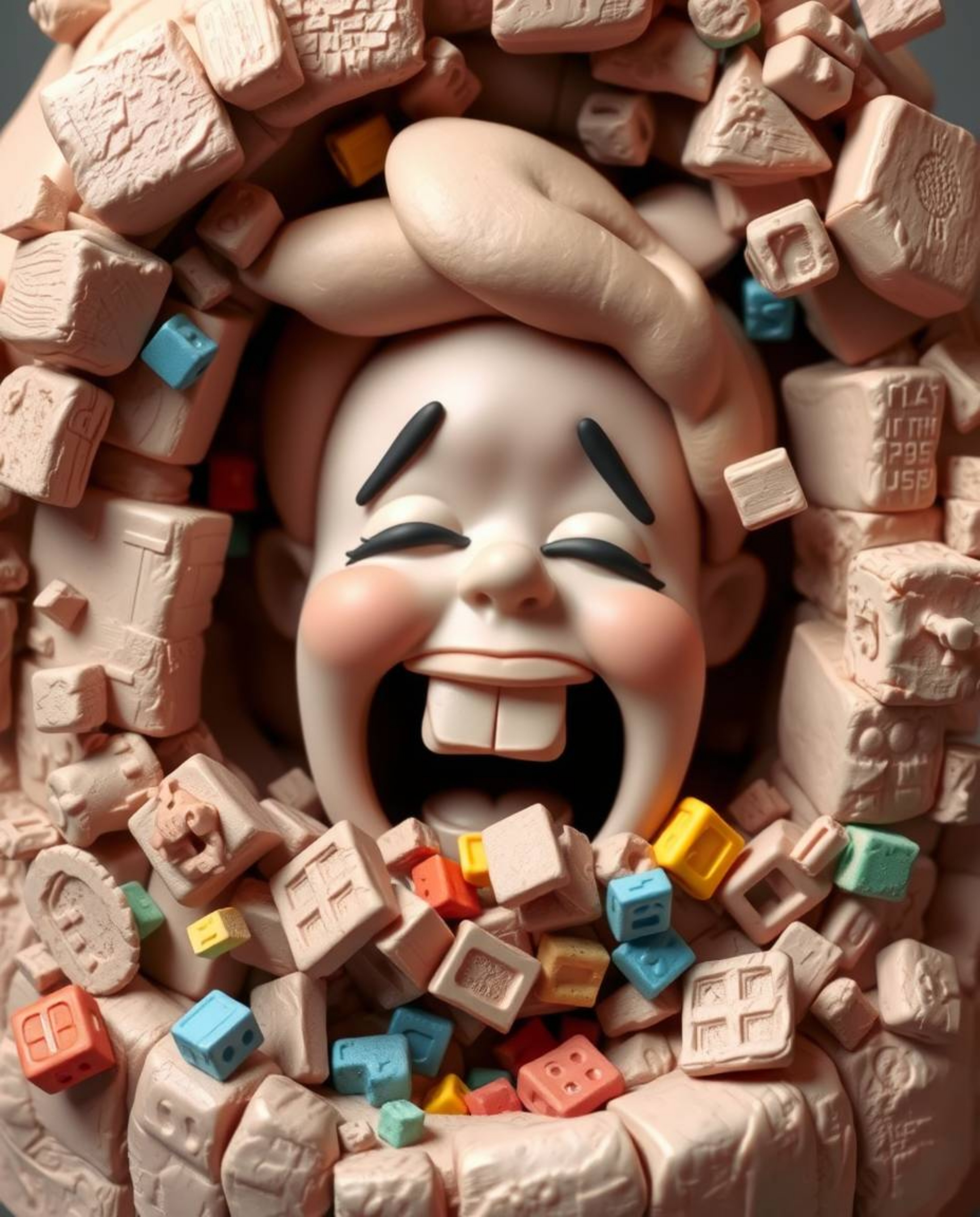 This sculptural clay art piece portrays an adorable person screaming as their world dramatically crumbles into pixels.  The a