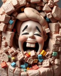 This sculptural clay art piece portrays an adorable person screaming as their world dramatically crumbles into pixels.  The a
