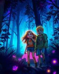 A vibrant digital painting showcases a group of friends, each possessing unique powers, as they explore a breathtaking forest