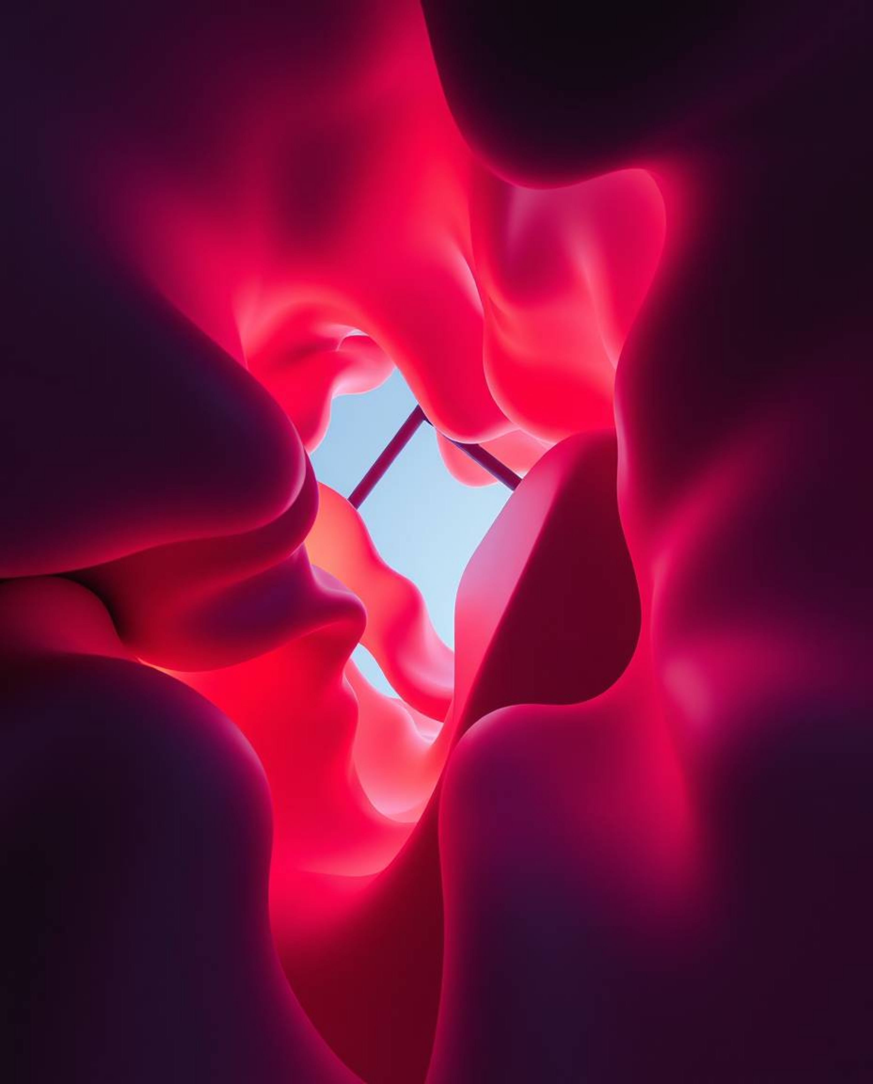 A moody, low-angle 3D render showcasing low contrast, vibrant colors, and fluid shapes interacting with geometric forms. This