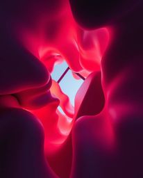 A moody, low-angle 3D render showcasing low contrast, vibrant colors, and fluid shapes interacting with geometric forms. This