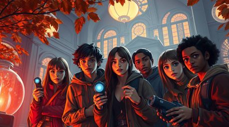 A group of teenagers with diverse facial features and warm skin tones find themselves unraveling complex mysteries within a t