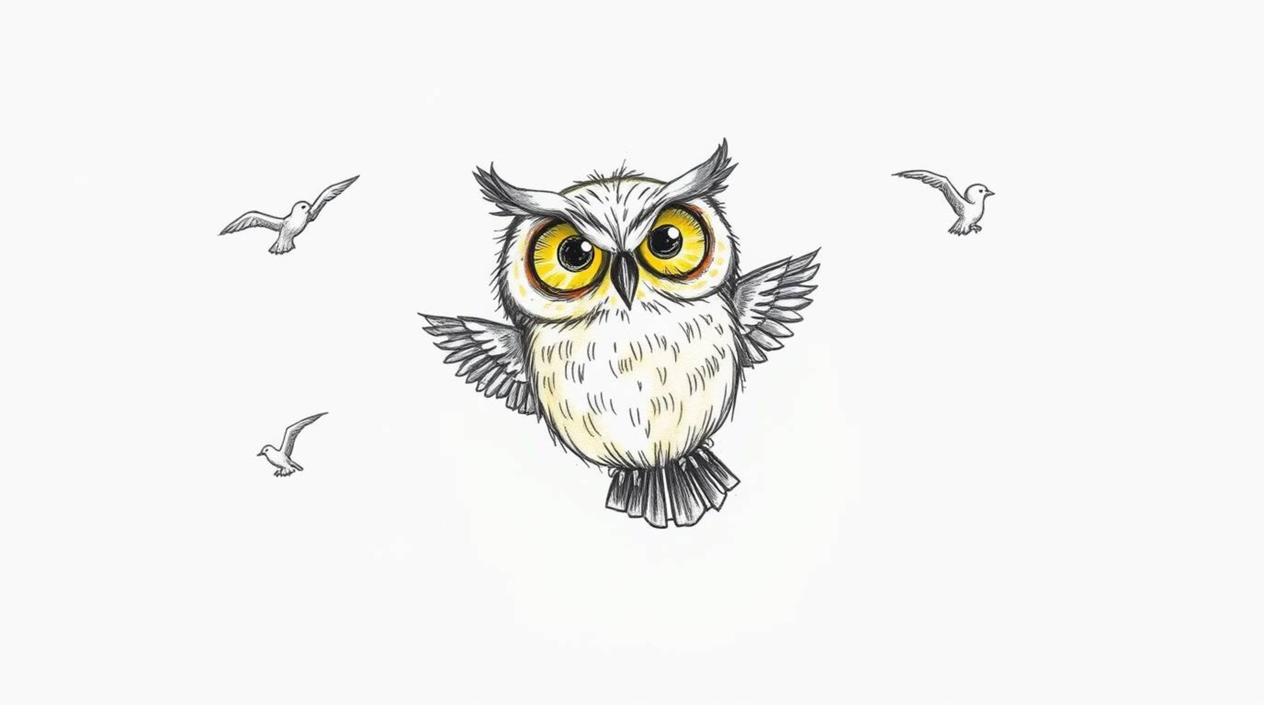 A captivating hand-drawn Pixar style sketch depicts a blind owl with luminous, sunlit feathers guiding birds in flight. The r