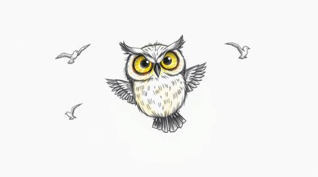 A captivating hand-drawn Pixar style sketch depicts a blind owl with luminous, sunlit feathers guiding birds in flight. The r