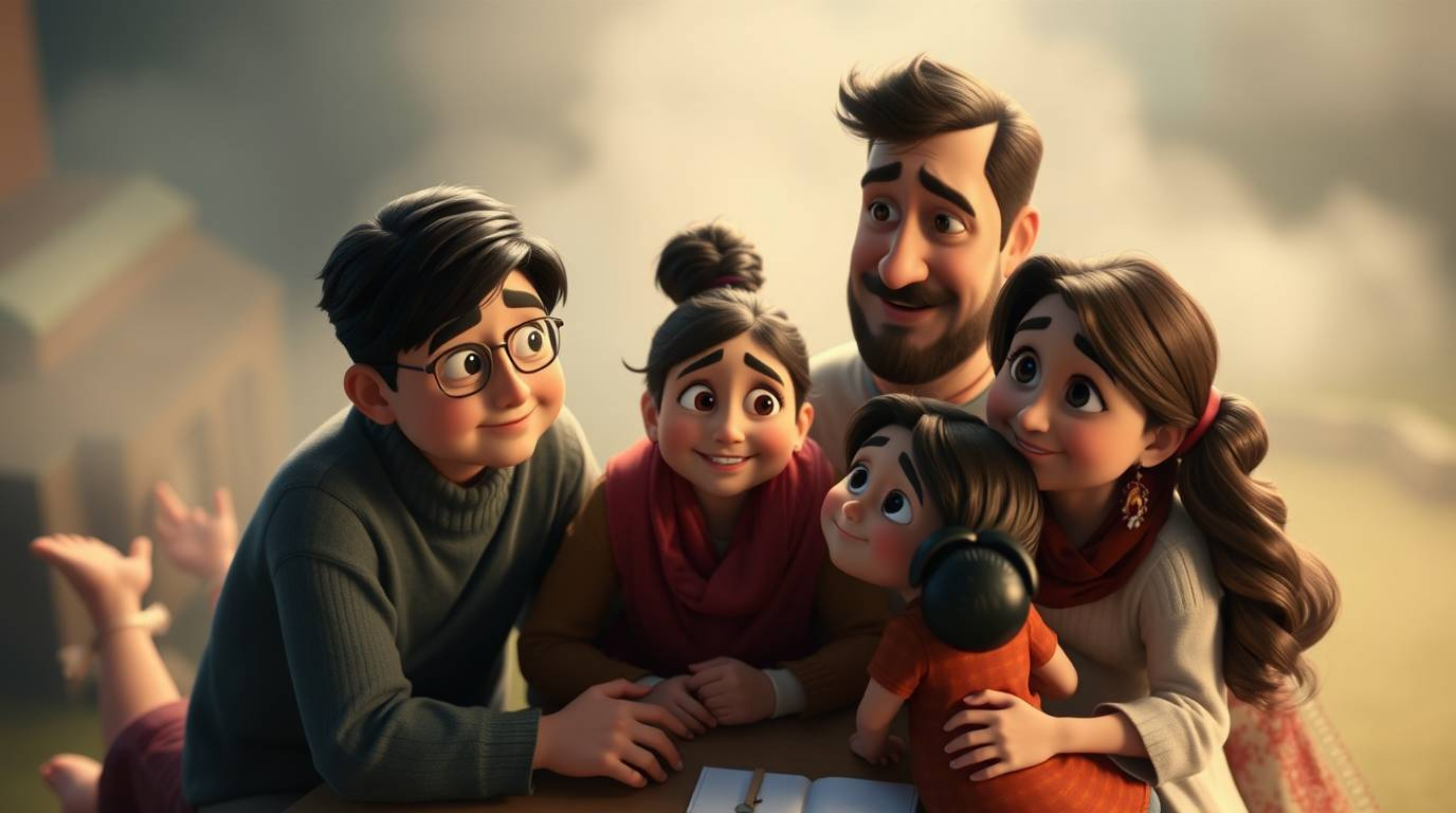 Experience a heartwarming Pixar-style family reunion captured in a soft, cinematic haze. This high-angle shot, with an elevat