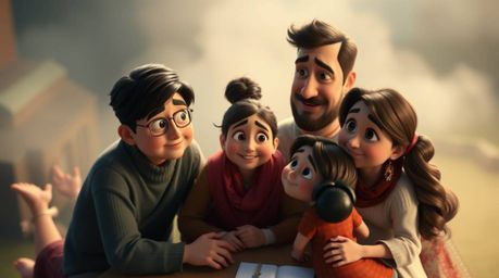 Experience a heartwarming Pixar-style family reunion captured in a soft, cinematic haze. This high-angle shot, with an elevat