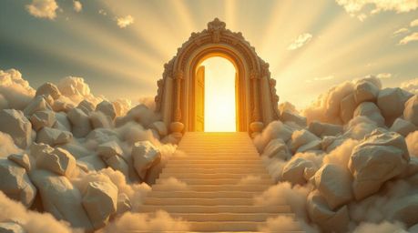 A digital rendering of a heavenly gate floating above the clouds, with stairs ascending illuminated by golden light, is broug