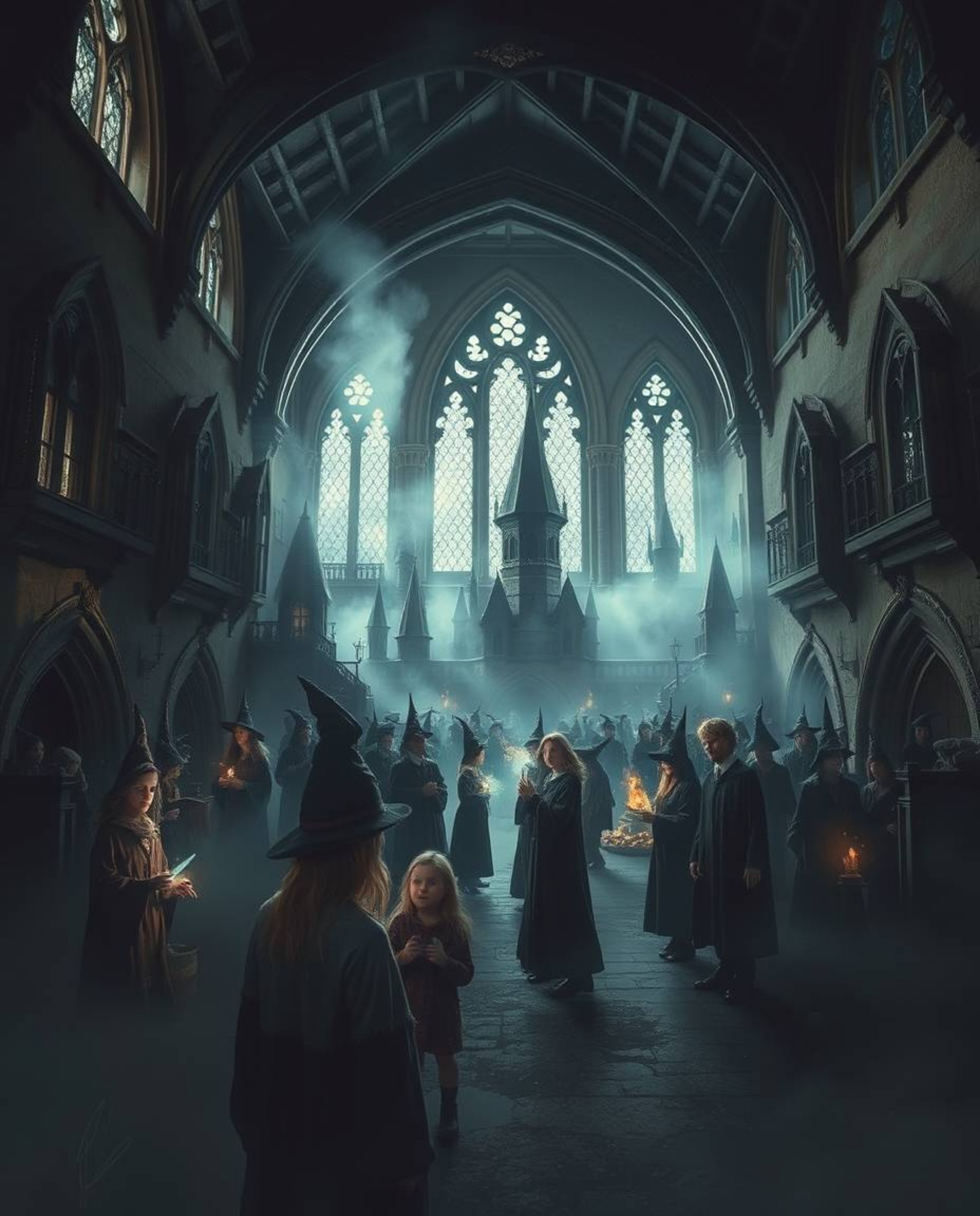 Experience the enchanting world of a magical school brimming with young wizards, portrayed in a captivating, moody style with