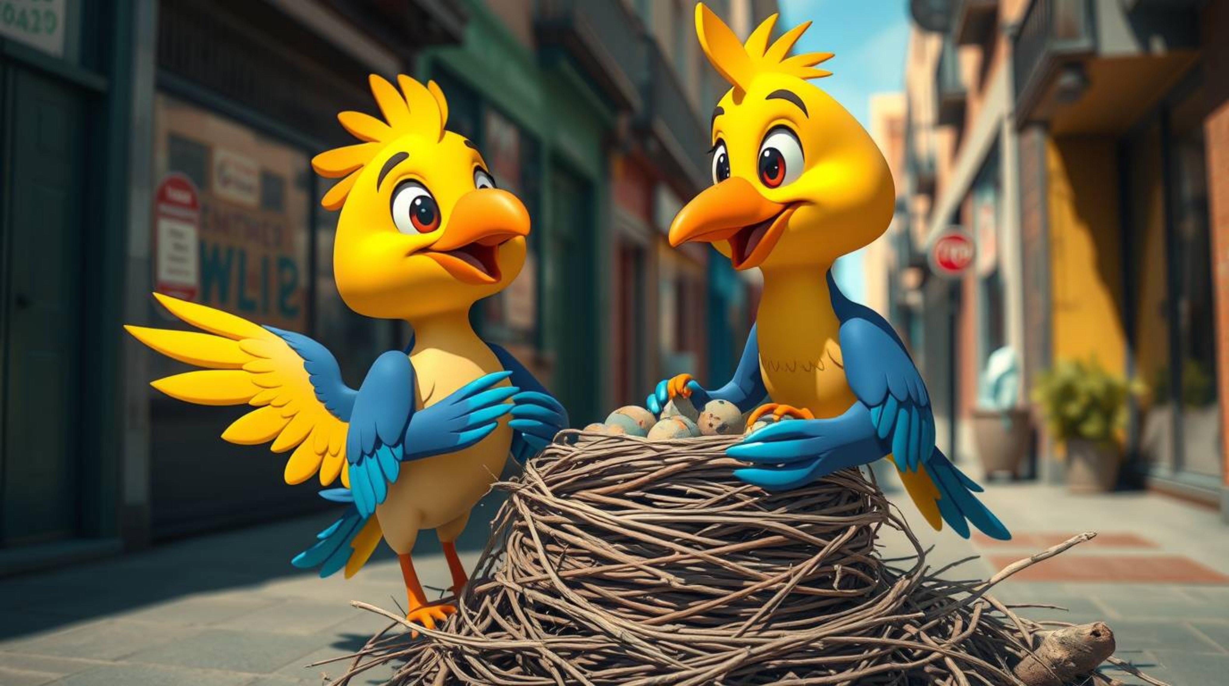 A vibrant and energetic street photography style image capturing two cartoon birds in classic animation style building a nest