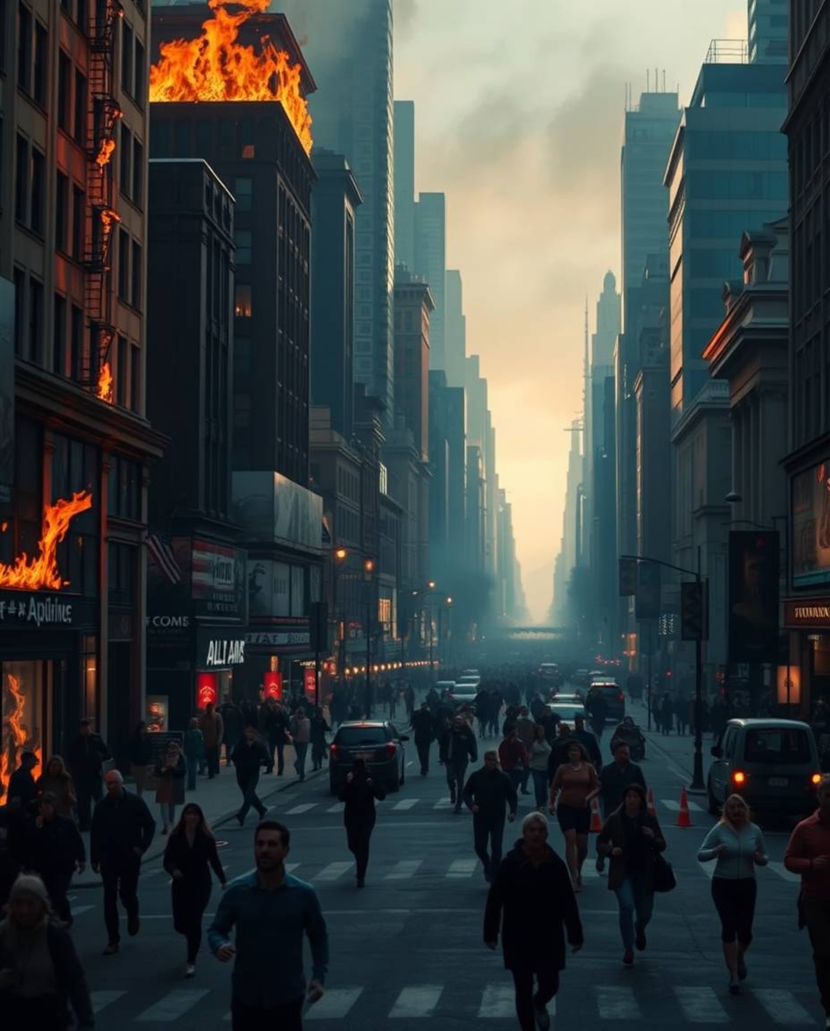 A city consumed by flames depicts a scene of chaos and urgency as people run for their lives. The rich, deep teal tones juxta