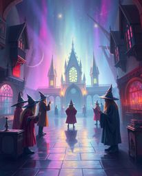 Immerse yourself in a digital painting of a magical school teeming with young wizards, brought to life with iridescent colors