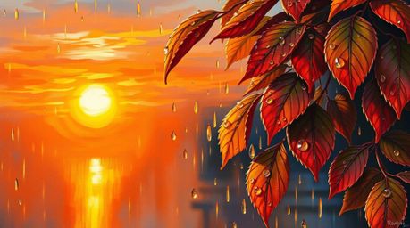 This captivating painting depicts a stunning sunset reflected in raindrops clinging to leaves. The artwork is dominated by wa