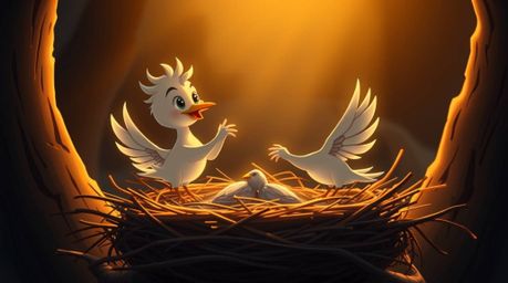 Witness two cartoon birds diligently building their nest in a classic animation style, brought to life with intense and drama