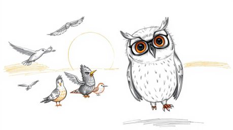 A heartwarming hand-drawn sketch in the style of Pixar, depicting a wise blind owl with soft, feathery textures, gently guidi