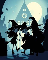 Explore a charming magical school filled with adorable young wizards in this silhouetted illustration.  The backlighting enha