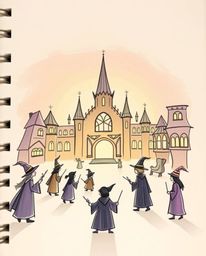 A captivating hand-drawn sketchnote depicts a magical school brimming with young wizards. Silhouetted against a soft pastel b