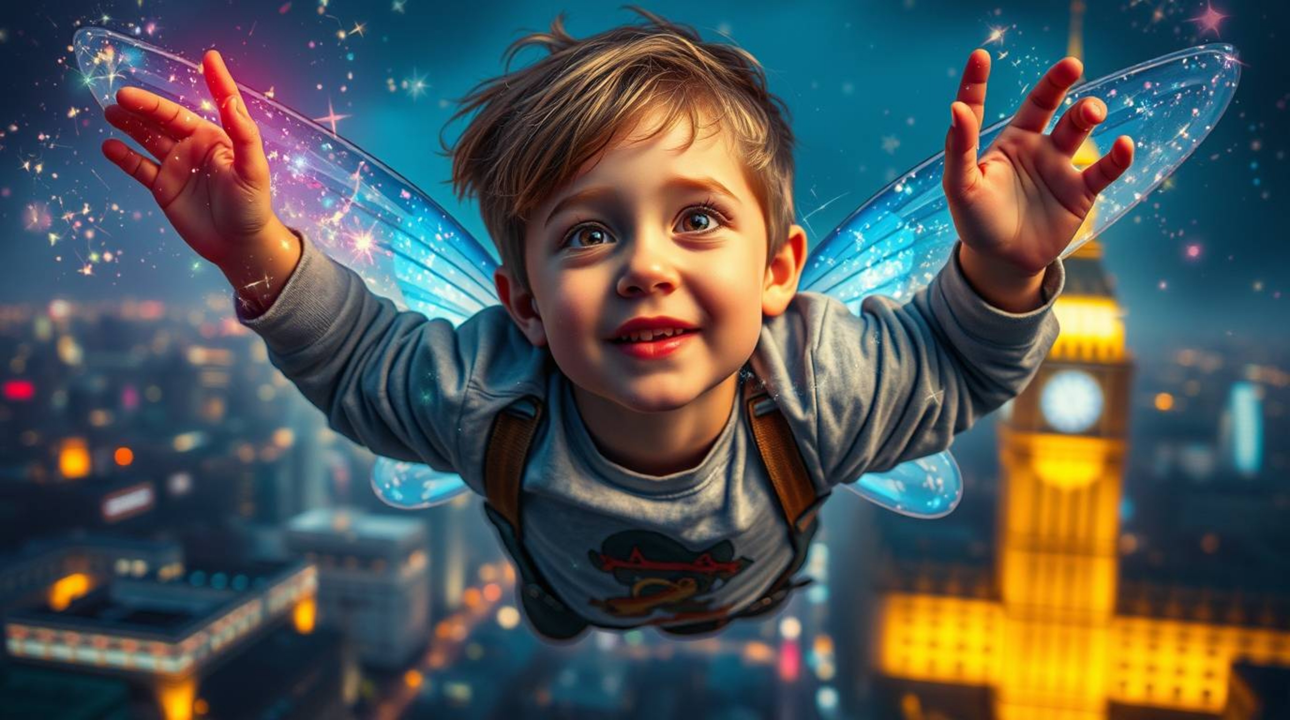 A captivating image featuring a young boy with light skin soaring above London, surrounded by radiant pixie dust. The scene i