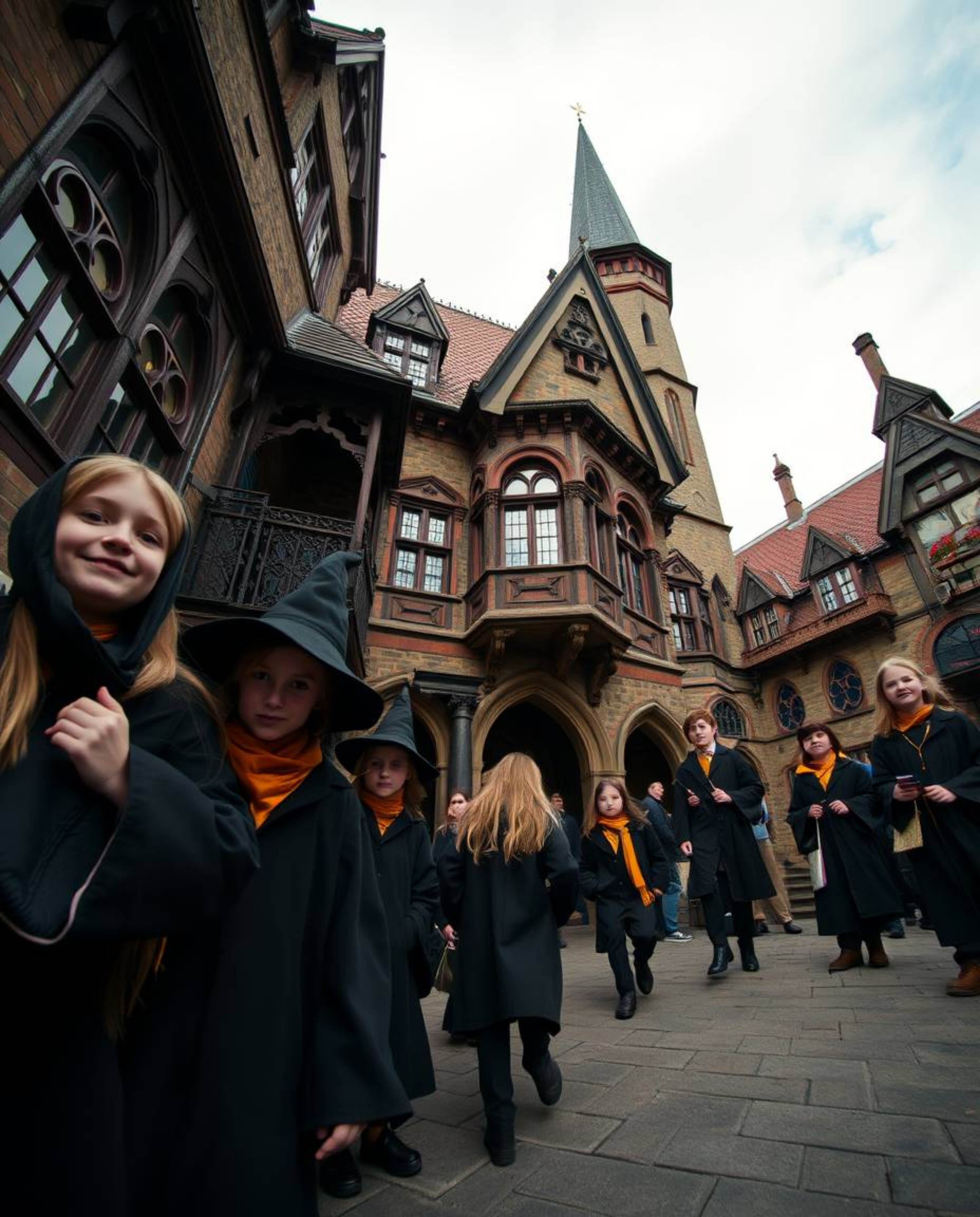Captured from a low-angle perspective in a candid street photography style, this image showcases a magical school filled with