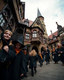Captured from a low-angle perspective in a candid street photography style, this image showcases a magical school filled with
