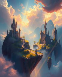 Experience a vibrant fantasy kingdom, rendered in a classic oil painting style with volumetric lighting. Floating islands an