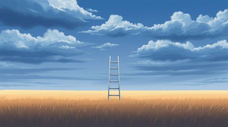 A minimalist scene depicting a silver ladder in an open field beneath a cloudy sky, evokes a sense of opportunity reminiscent