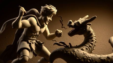 A captivating sculptural clay art piece depicts a charming prince with defined musculature locked in an epic battle with a fe