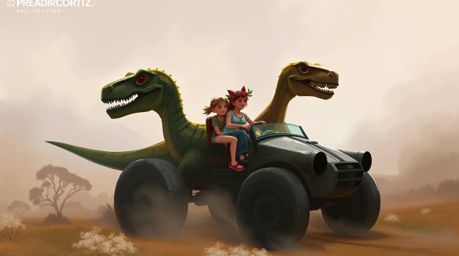 This digital sketch captures a captivating scene of a prehistoric family joyfully riding a dinosaur car through a misty, atmo