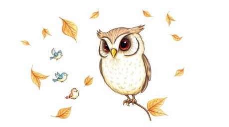 A heartwarming hand-drawn sketch reminiscent of Pixar animation showcases a blind owl with soft, feathery textures guiding sm