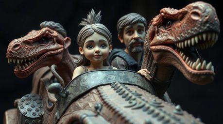 A captivating papier-mâché sculpture depicts a prehistoric family with unique facial features and diverse skin tones, riding