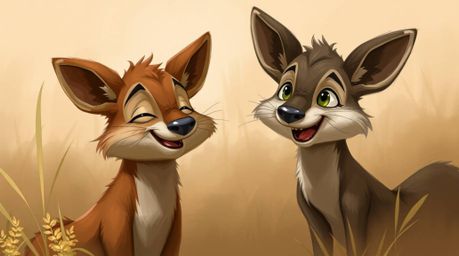 A captivating digital painting showcases two mischievous talking animals in a serene natural setting.  Rendered in calming ea
