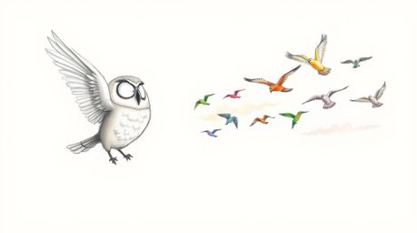 A heartwarming hand-drawn sketch, reminiscent of Pixar's signature style, portrays a wise, blind owl with incredibly soft plu