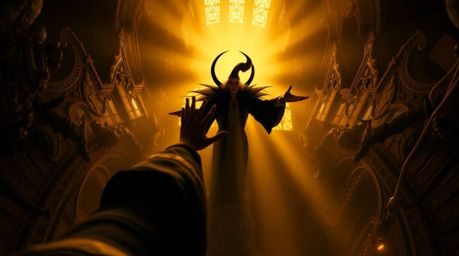Captured from a high-angle perspective, this image showcases a classic Disney villain casting a spell within the aged walls o