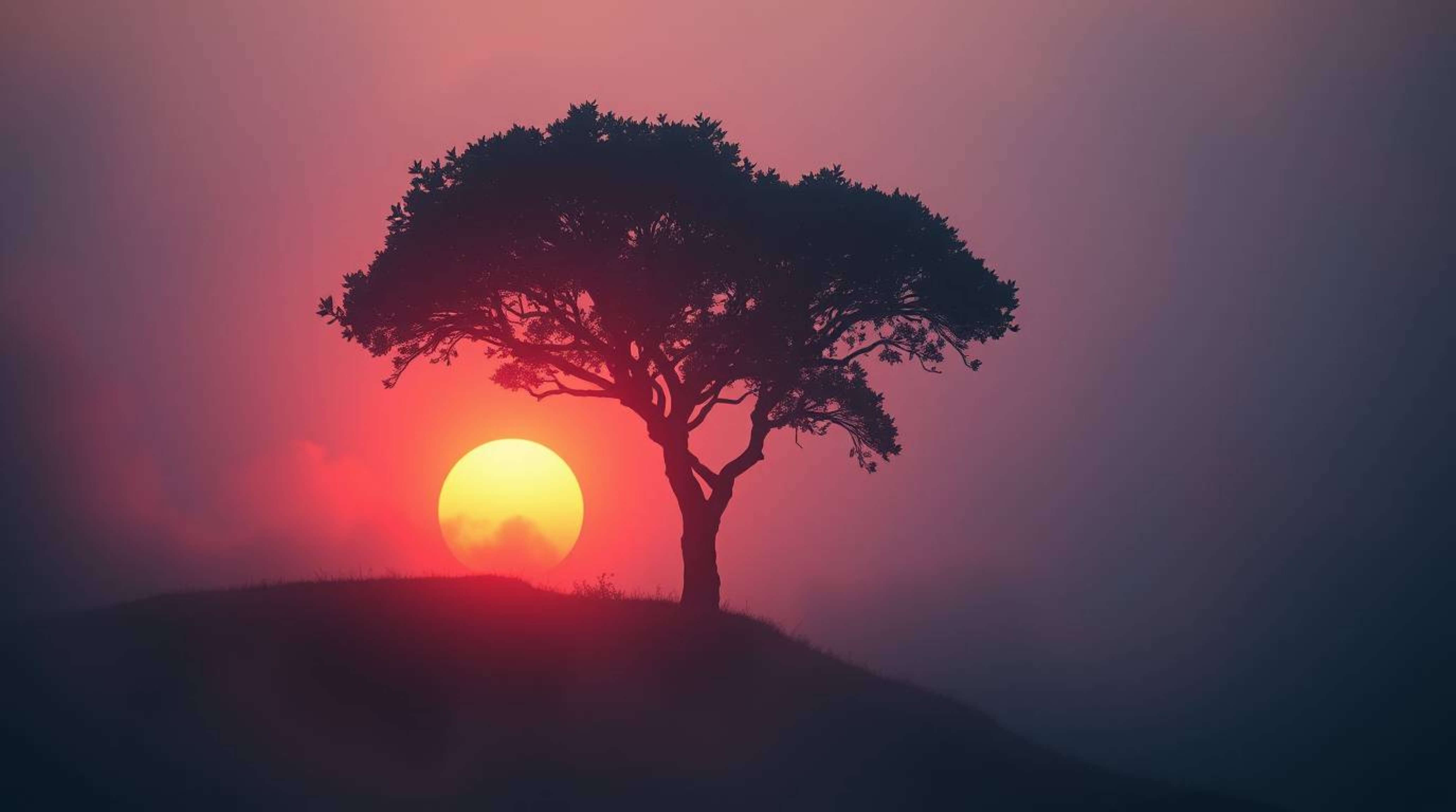 Witness a breathtaking scene blending epic grandeur with modern futuristic elements.  A lone tree stands silhouetted against 