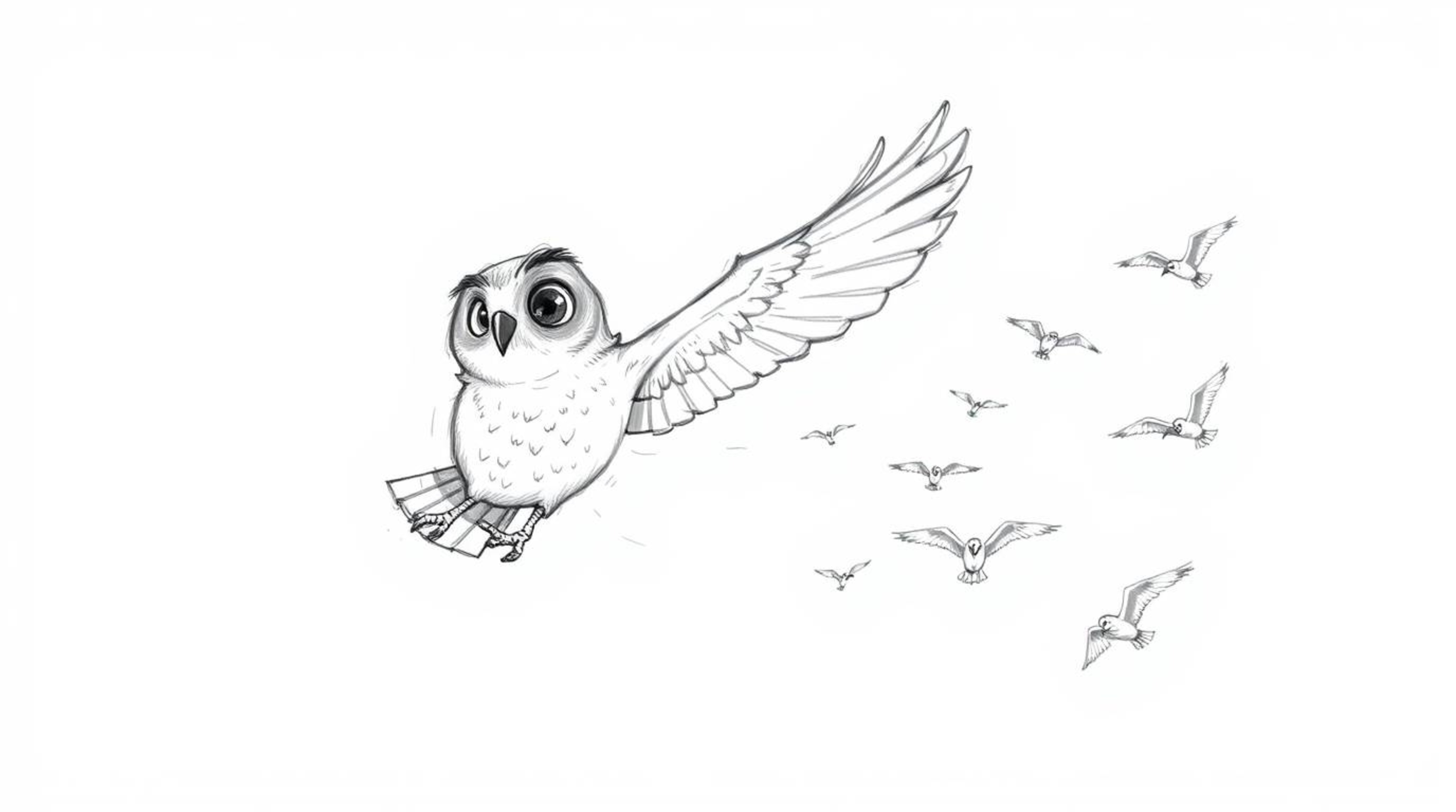 A charming, hand-drawn sketch reminiscent of Pixar's signature style depicts a blind owl gracefully mid-flight, guiding a flo