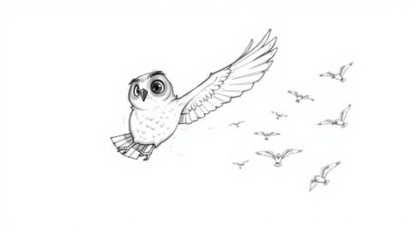 A charming, hand-drawn sketch reminiscent of Pixar's signature style depicts a blind owl gracefully mid-flight, guiding a flo