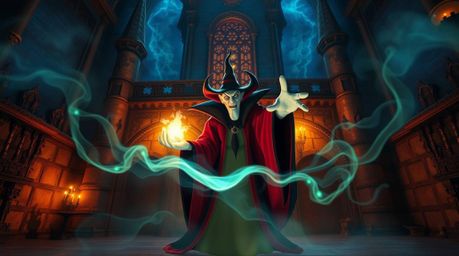 A classic Disney villain conjures a spell within the ancient walls of a castle, bathed in a mesmerizing bioluminescent glow.