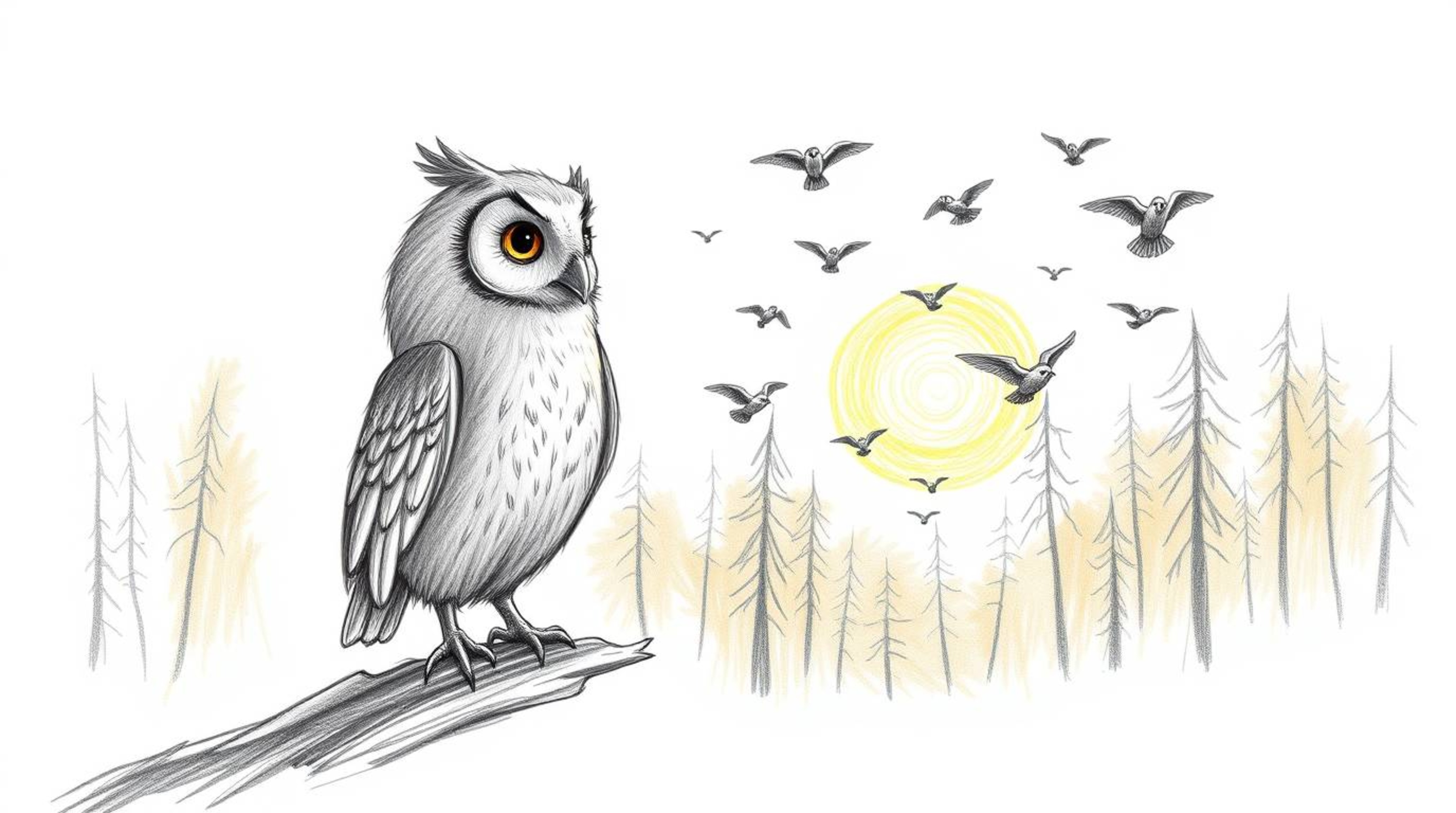 A heartwarming hand-drawn sketch in the style of Pixar depicts a gentle, blind owl with soft feathers guiding a flock of bird