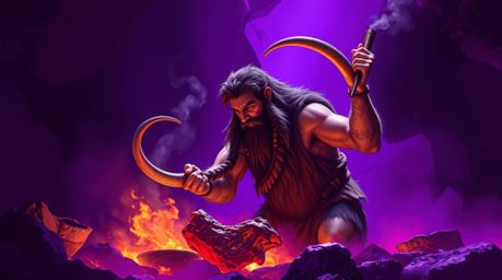 This digital painting depicts a caveman skillfully cooking mammoth meat, rendered with striking deep ultraviolet hues and cre