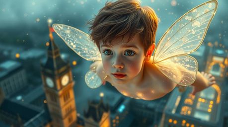 A young boy with ethereal features and glowing skin soars above a dreamlike London, propelled by shimmering pixie dust. Bathe
