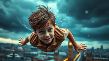 A young boy with fair skin and tousled brown hair soars through the air, surrounded by shimmering pixie dust, high above a bl