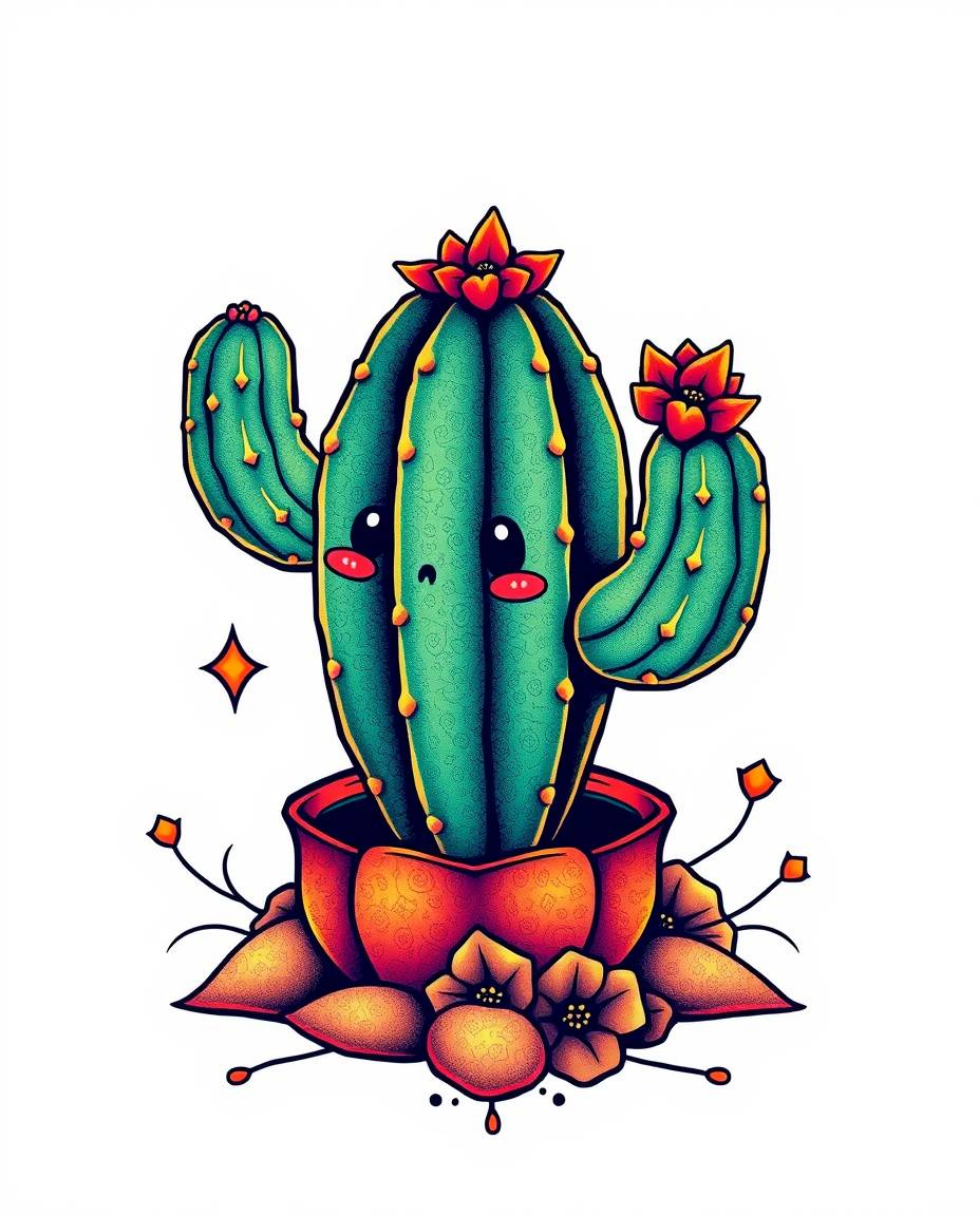 A traditional tattoo art print depicting an adorable and charming desert cactus. The cactus glows in vibrant colors, set agai