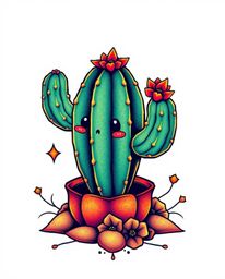 A traditional tattoo art print depicting an adorable and charming desert cactus. The cactus glows in vibrant colors, set agai