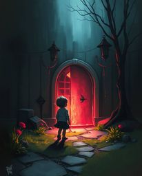 A captivating digital painting depicts a child's wondrous yet unsettling discovery of a magical portal nestled within their b