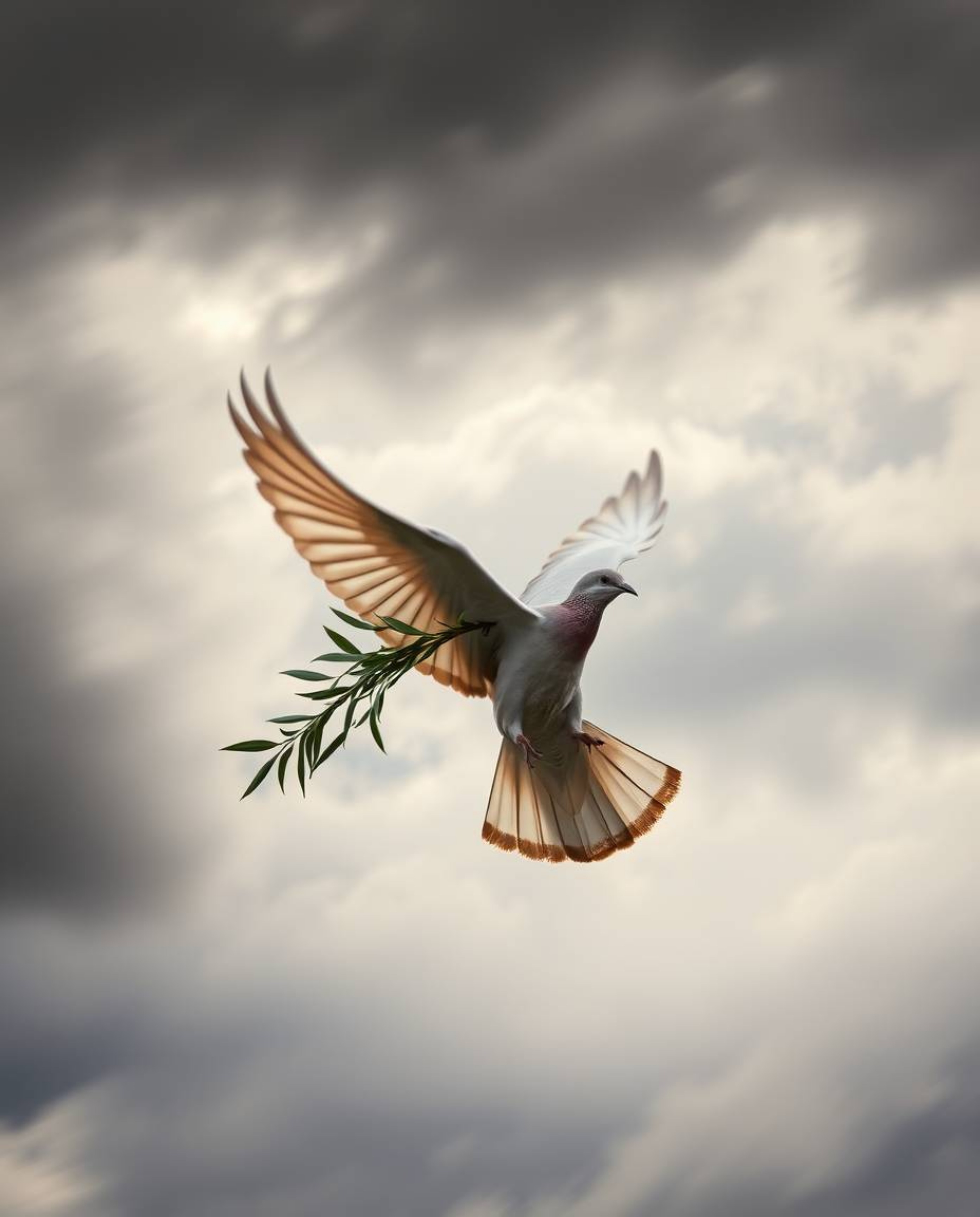 A captivating image showcasing a dove carrying an olive branch against a backdrop of stormy skies, rendered in warm autumn co