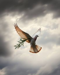 A captivating image showcasing a dove carrying an olive branch against a backdrop of stormy skies, rendered in warm autumn co