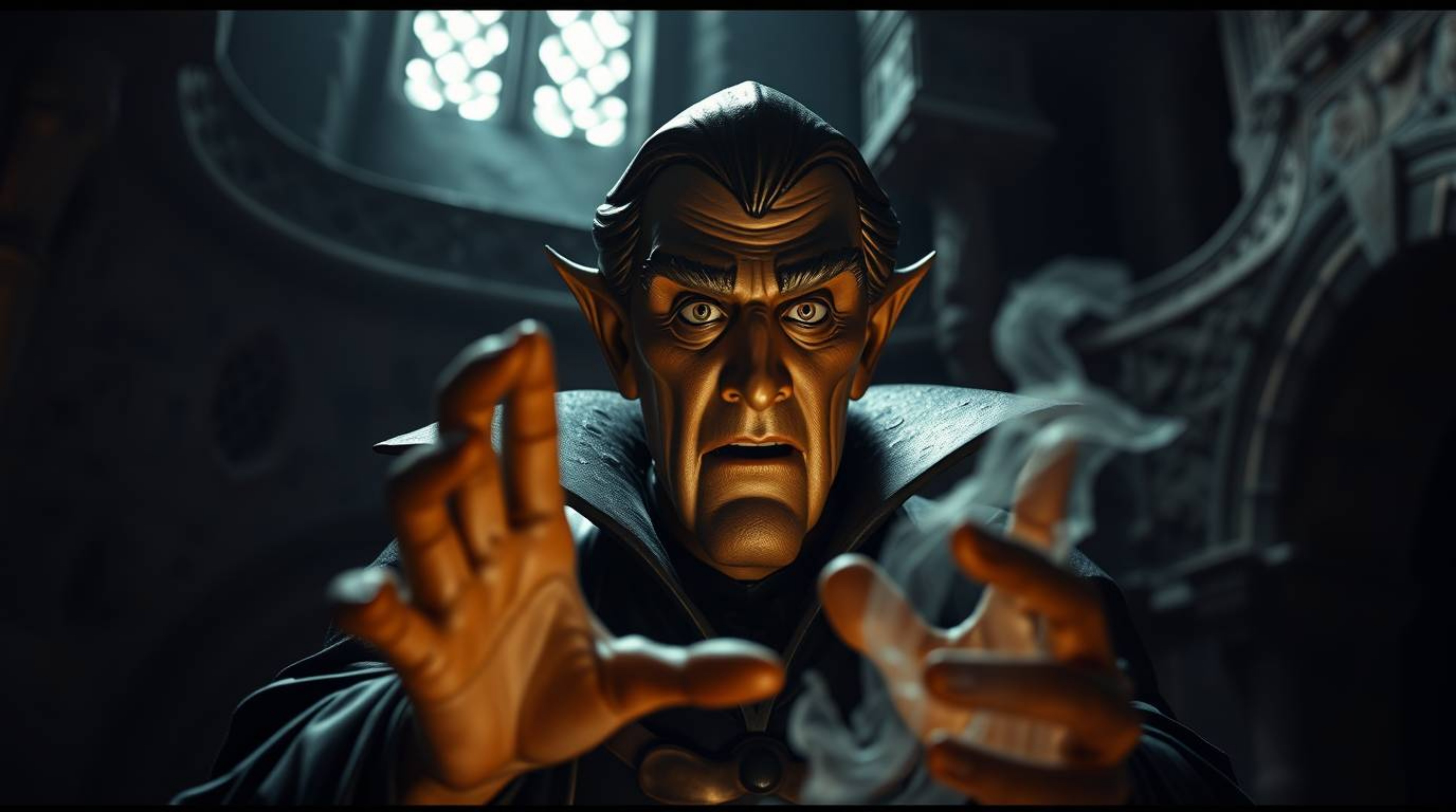 A dramatic bronze sculpture depicting a classic Disney villain casting a spell in a crumbling castle.  The piece features sha