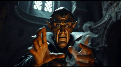 A dramatic bronze sculpture depicting a classic Disney villain casting a spell in a crumbling castle.  The piece features sha