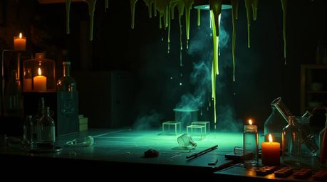 A captivating image of a slime-covered science lab dramatically lit by flickering candlelight. The intense jet black backgrou