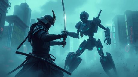 A thrilling clash between a traditional samurai and a futuristic robot unfolds in a dystopian city enveloped in thick fog.  T